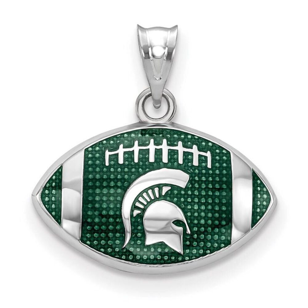 Sterling Silver Rhod-Plated Michigan State SM Enamel Football Pendant